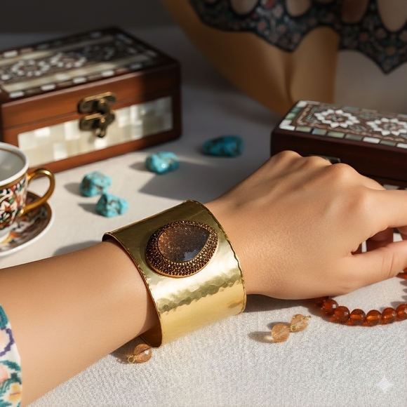 🆕Handcrafted Turkish Gold Wide Cuff Artisan Bracelet With Druzy Chalcedony Gem - Picture 15 of 15